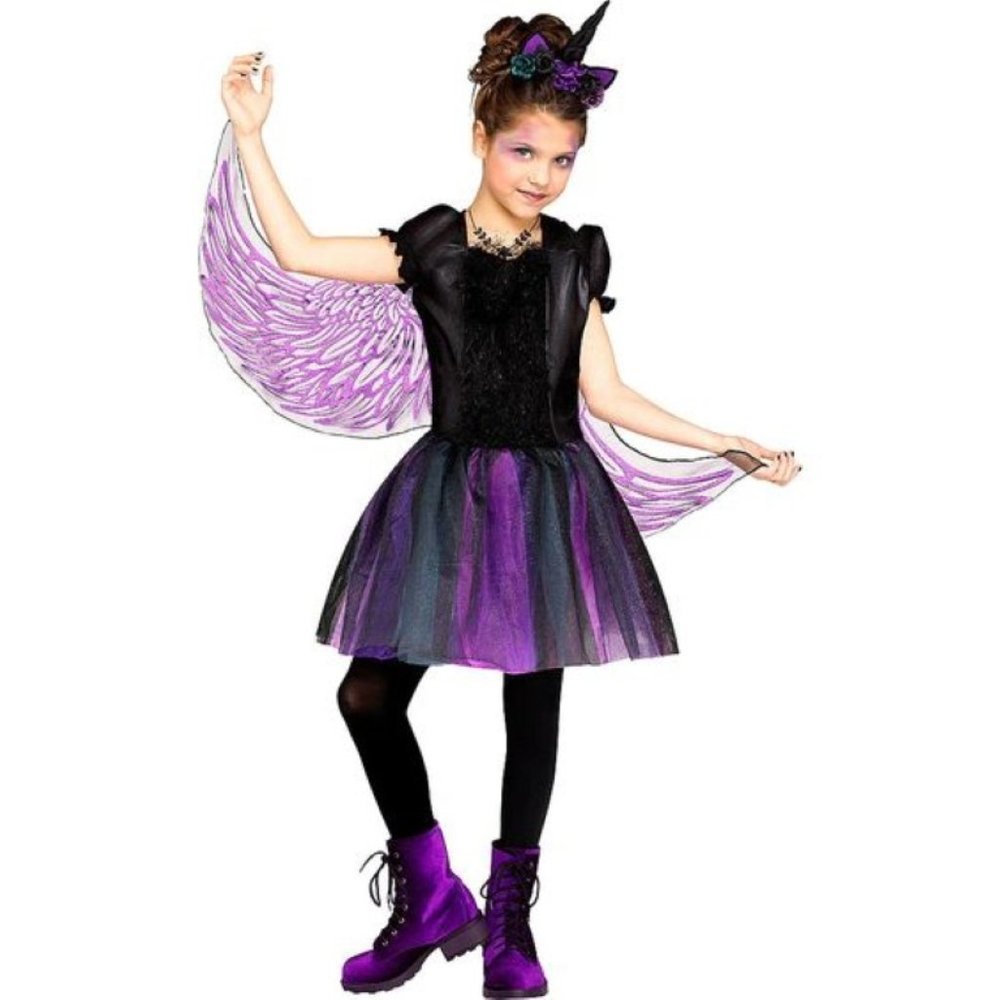 Unicorn Midnight Halloween Costume 8/10 Purple Dress, Wings, Headband 3 Pc Girls